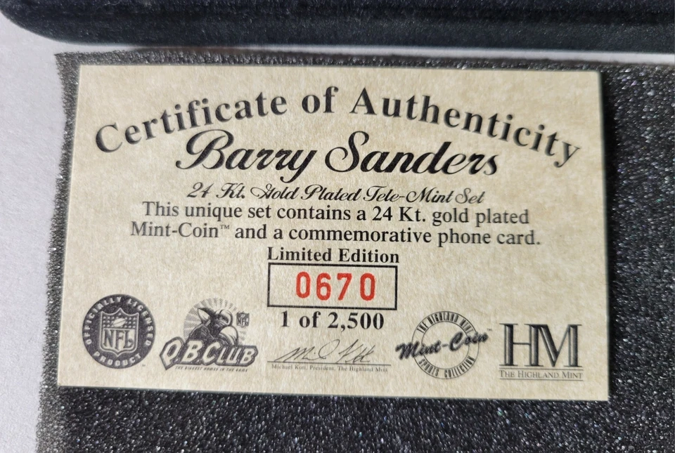 BARRY SANDERS Highland Mint TeleMint 套装镀金薄荷硬币 670/2500 电话卡 — 第 2/4 张图片