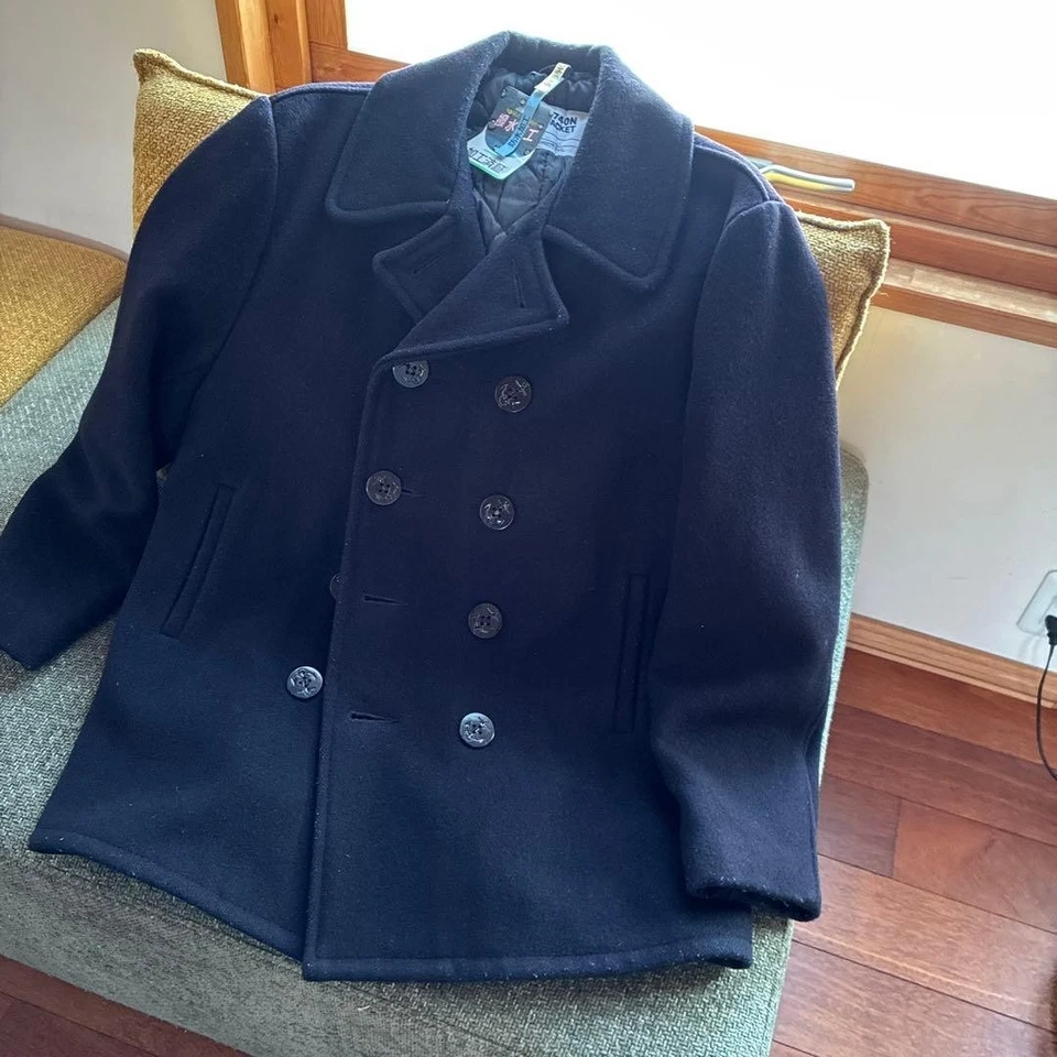 Schott Pea Coat 740N Wool Jacket Dark Navy Size 42 Vintage Outerwear - Image 2 of 4