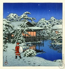 Japanese Art Print Repro Shin Hanga "Santa in Snow Garden" KAWASE HASUI