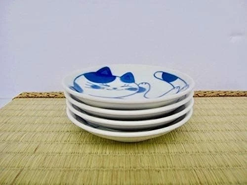 MINO WARE Juego de Platos Pequeños Japoneses Cerámica Lindo Diseño Gatos ys/m, Blanco/Azul  Foto 4 de 4