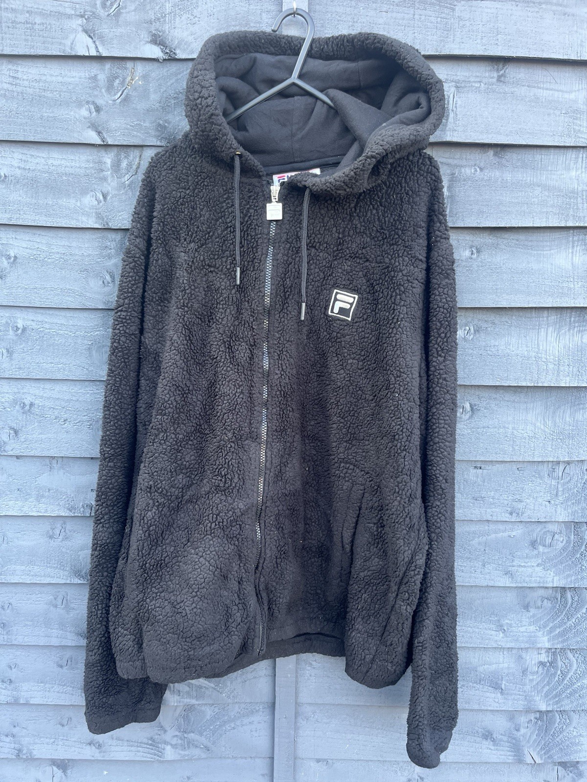 Fila giacca in pile nera con cappuccio e zip intera taglia large