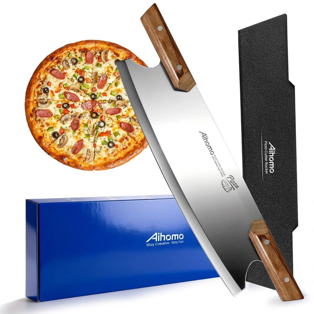 Aihomo 13” Sharp Pizza Cutter Rocker, 420J1 Japanese Stainless Steel Blade Slice
