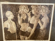 Carol M. Hershey “Smokers” Signed Etching 1979 – Gold Framed 16.25x14.25 Vintage