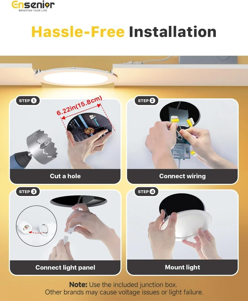 Pacote com 12 luminárias de teto embutidas LED de 6 polegadas 5CCT 6 polegadas com luz noturna 2700K-5000K - Imagem 4 de 4