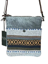 Myra Bag Crossbody purse tribal western cotton & cowhide fur grey small 9 x 11"