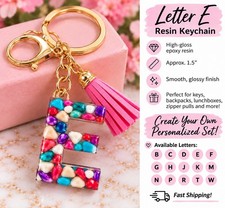 Letter E Resin Keychain Multicolor Gemstone Pebble Pink Tassel Gold Initial
