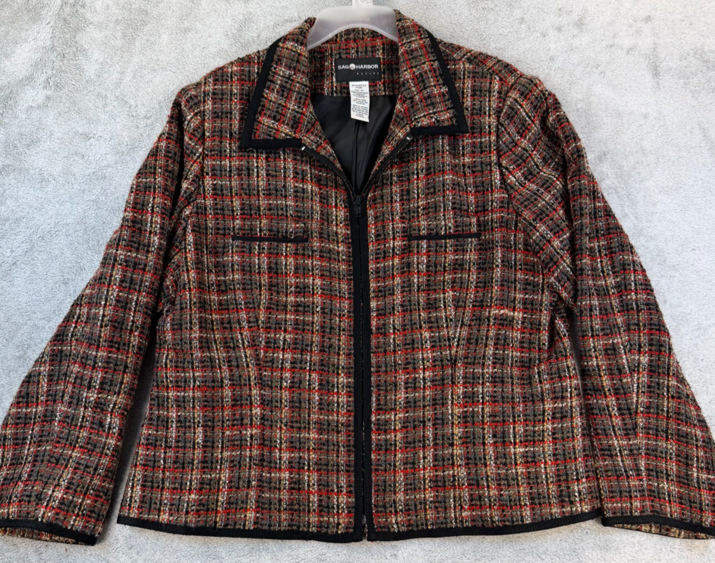 Sag Harbor Plaid Tweed Jacket Petite Women's Red Black Zip Front Size 16P