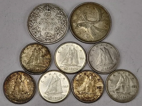 New ListingLot of Canada Coins 2 Quarters & 7 Dimes 1937–1962  80% Silver 22 grams ASW