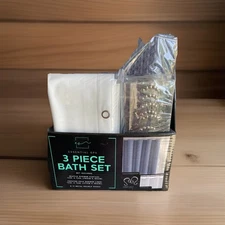 ESSENTIAL SPA 3 Pc Bath Set Waffle Shower Curtain Liner & 12 Metal Hooks  BLUE