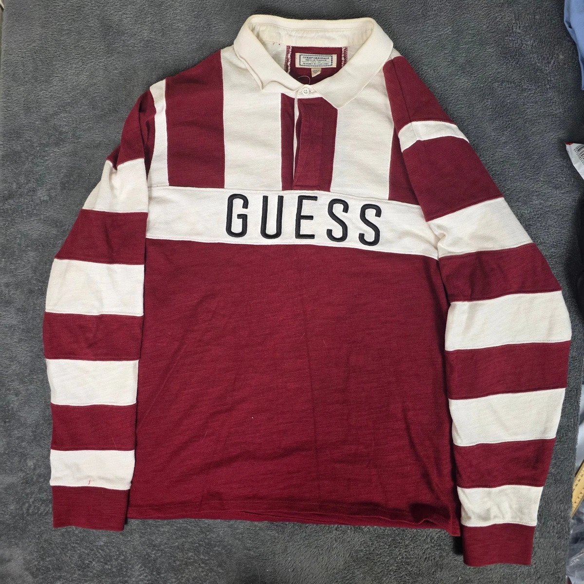 Vintage GUESS U.S.A. Jersey Mens XL Red Stripped Rugby Y2K 80s Long Sleeve