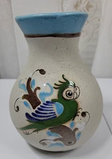 Tonala Mexico Pottery Vase Green Parakeet Folk Art Signed 6.5"