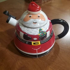Vintage Roshco Santa Claus Porcelain Enamel 3 Quart Whistling Teapot Kettle Pot