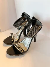 DELICACY Womens Black W/Silver Accents & Ankle Buckle High Heel Open Toe Sz. 5.5