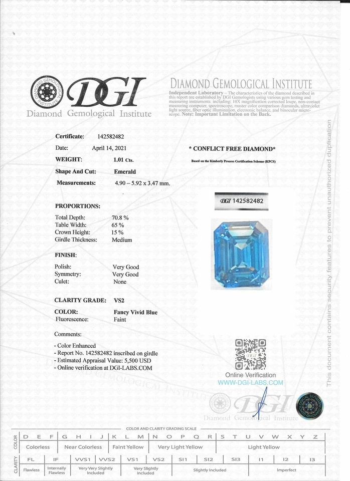Emerald Shape Diamond Fancy Blue Color Loose 1.01 Carat VS2 Enhanced Polished - Image 3 of 4