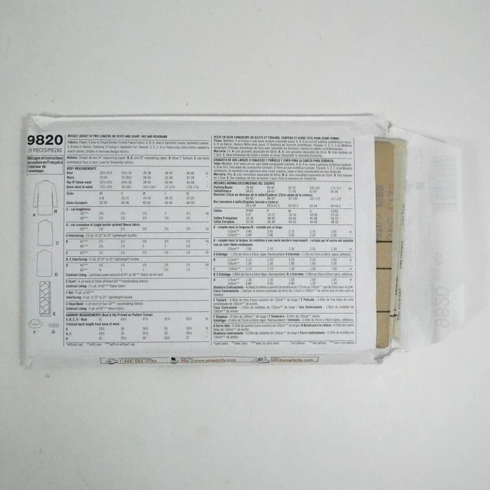 Simplicity 9820 Misses Jacket Vests Scarf Headband Sewing Pattern Sz XS-M Uncut - Image 3 of 4