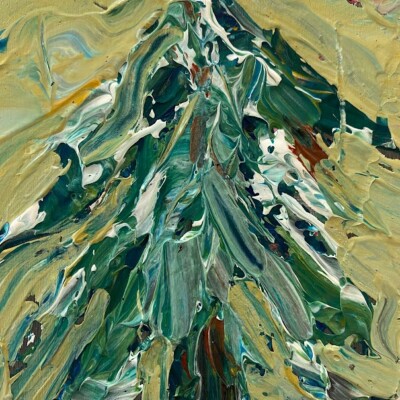 Evergreen Tree Abstract  painting on 4x4  wood panel-framed