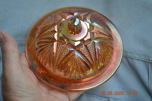 Sowerby European carnival glass Split Diamond covered butter dish----marigold
