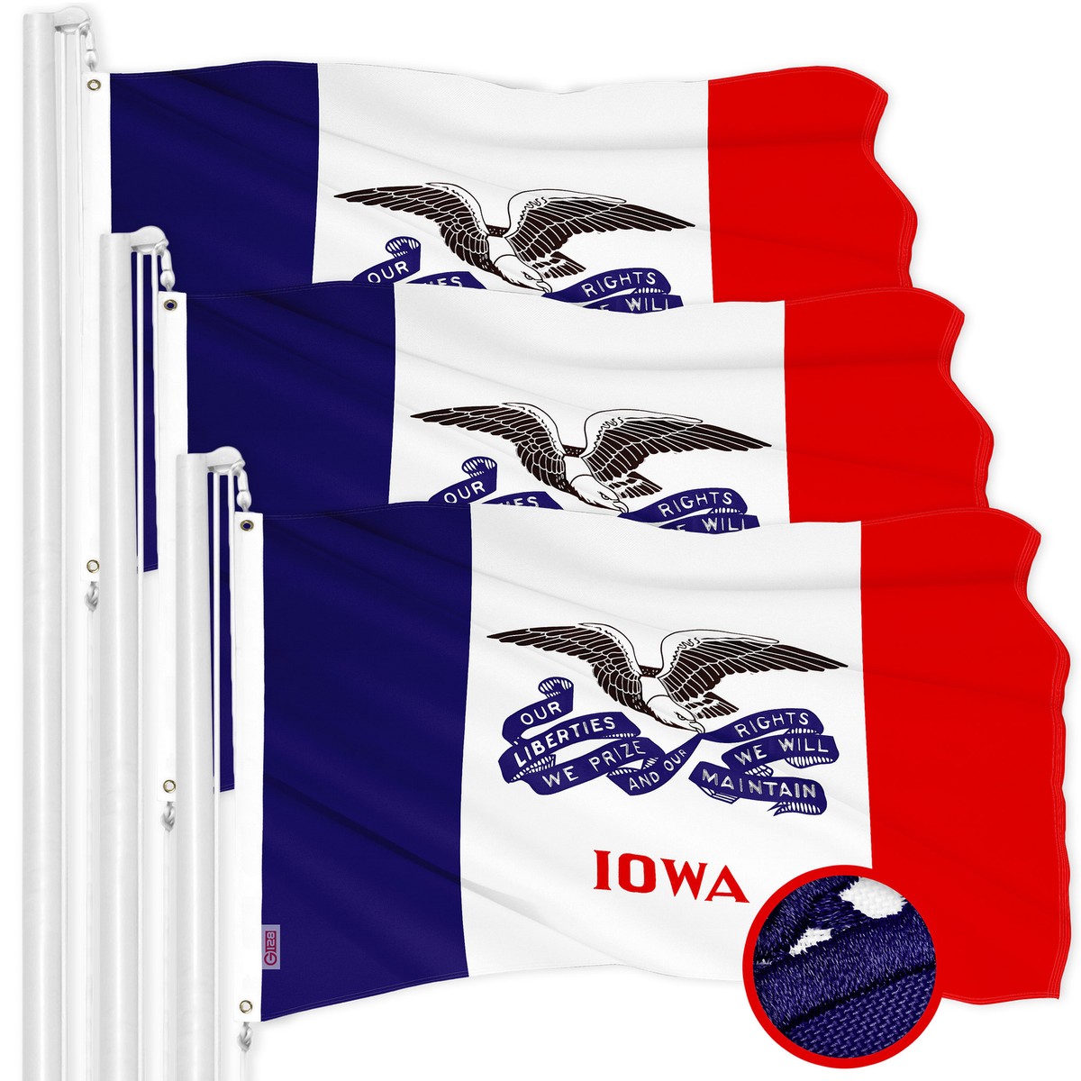 Bandiera Stato Iowa G128 Deluxe 3x5 Ft – 2 Pezzi, Ricamata, Poliestere 300D - Foto 5