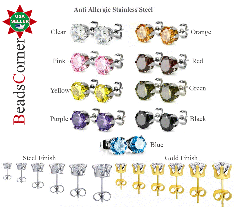 Surgical 316L Stainless Steel Stud Earrings Cubic Zircon Men Women 2PC