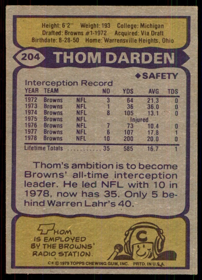 1979 Topps Thom Darden Football Card #204 - Image 2 of 2