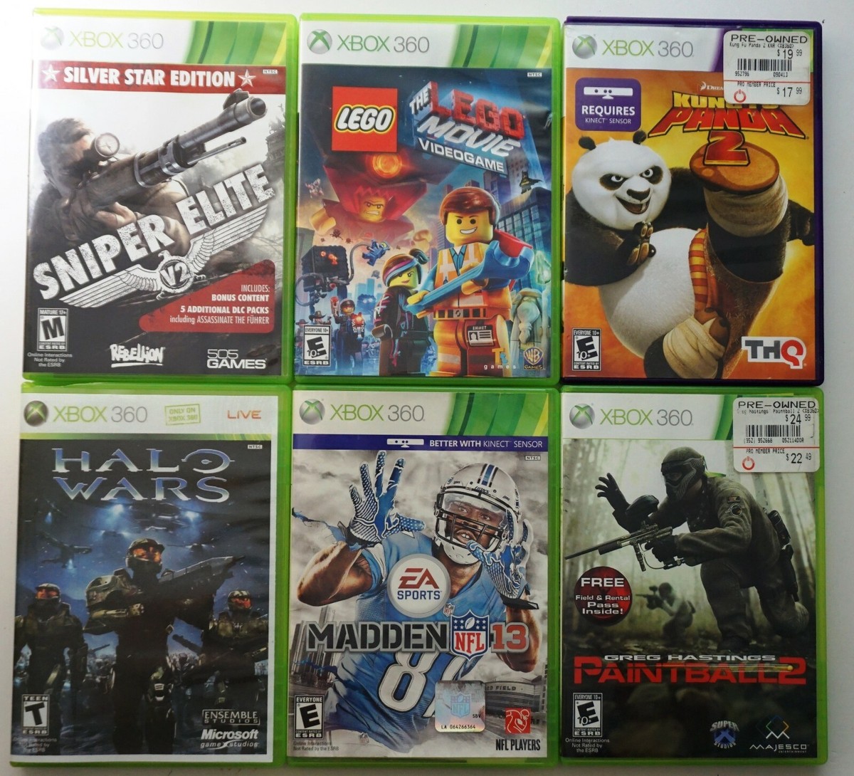 XBox 360 Games:LEGO Movie,Sniper Elite,Halo Wars,Madden  NFL13,Paintball,KPanda