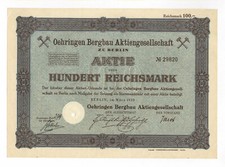 Górnictwo AG Öhringen-Gleiwitz – akcje powyżej 100 RM, wydane w Berlinie, 1925