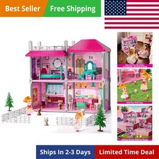 Villa Playset for Girls Ages 3-7, 4-Story 4 Room House with 2 Dolls, Furniture