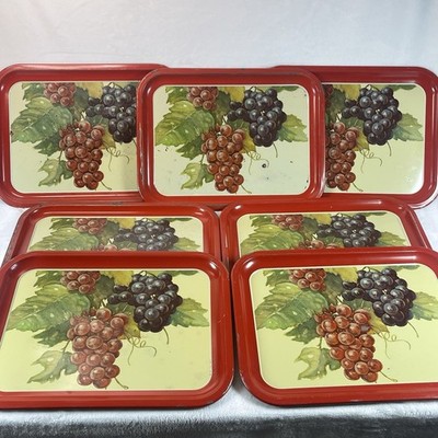 Set of 7 Vintage Metal Lap Dinner Server Tray Fruit Grapes Red