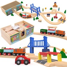 Deluxe 52-Pc Wooden Train Set with Storage Tunnel - STEM Montessori Toy for Ki