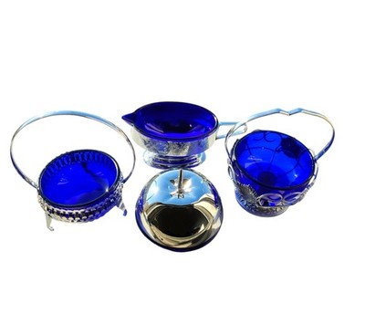 Rare Vintage English Cobalt Blue Glass Silver Plate 4-Pc Table Set Made England