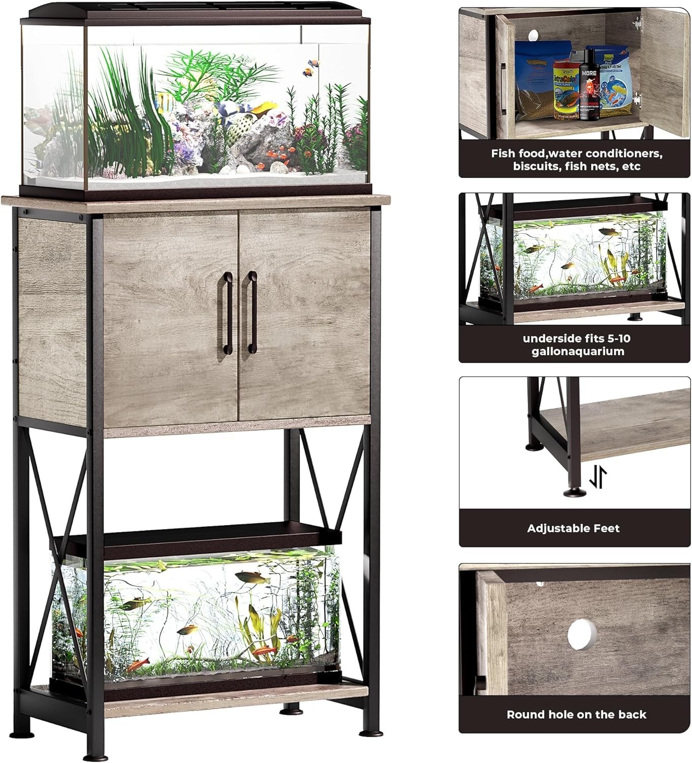 5-10 Gallon Fish Tank Stand, Metal Double Aquarium Stand with Cabinet for Fis...