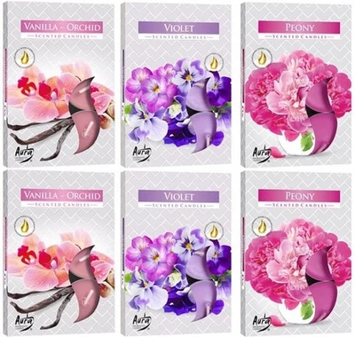 36 Stück Duft Teelichter Duftkerze Vanille-Orchidee Pfingstrose Veilchen 6 Pack - Bild 1 von 4