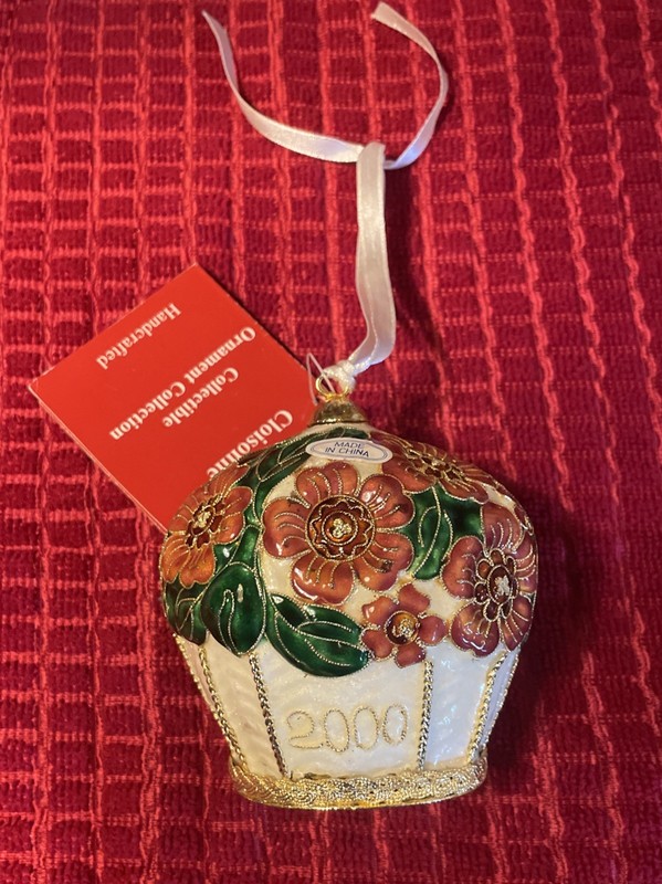 Cloisonne Christmas Ornament 2000 HandCrafted Floral Basket Satin Ribbon