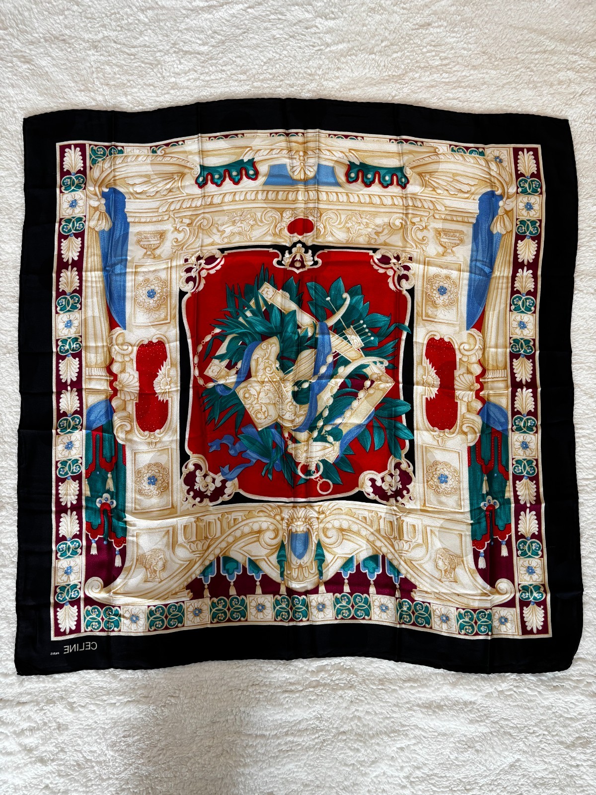 Celine Vintage Black Silk Scarf Ancient Theater Lyre Pattern Large Square image 7