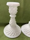 Vintage Set 2 Fenton Hobnail 6” Candlesticks White Milk Glass Candle Holders 70s