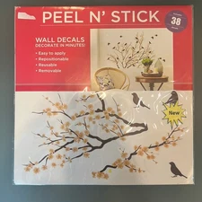 Peel N' Stick Wall Decal Birds Vinyl Sticker cherry blossom art new gold black