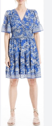 Max Studio NWT Blue Floral Smocked Flirty Dress Sz XS $138 - Picture 2 of 6