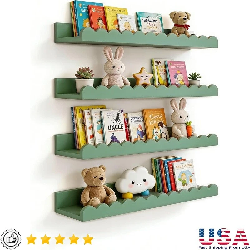 Floating Scalloped Nursery Book Shelves Wall Mounted Storage Unit Set of 4 New