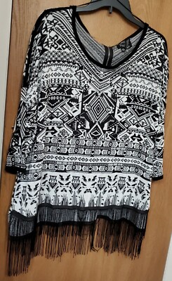 Papillon Womens L/XL Black White Stripe Fringed Sweater