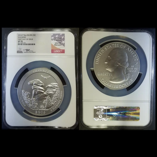 2016-P 5 oz Silver 25C First Day of Issue Shawnee SP70 Mercanti Signed NGC #4