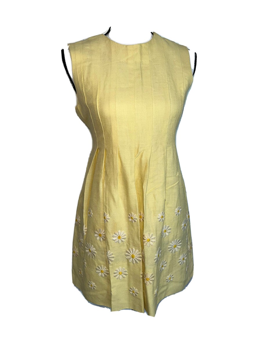 Vtg 60s 70s Mini Dress Hand Made Mod DAISY Applique Pleats Yellow S XS 4 6