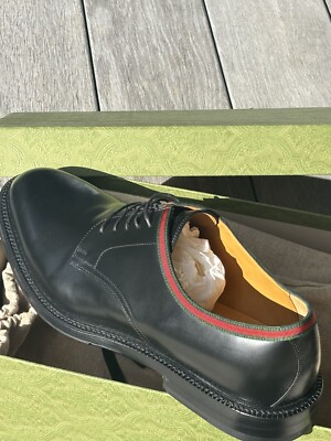 Men\'s Gucci Black Leather Derby Shoes with Green-Red Web Trim size 12.5 Buy Gucci Web Lace Up  main image 2