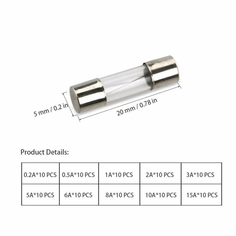 100Pcs 5x20mm Fast Blow 0.2A-15A Auto Car Truck Glass Tube Fuses Assorted Kit - Image 2 of 4