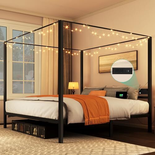 Canopy Bed Frame Four Poster Bed with Charge Station & King Black LED Lights