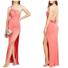 New Katie May Winnipeg One Shoulder Ruched Knit Gown Slit Coral Pink Sz M