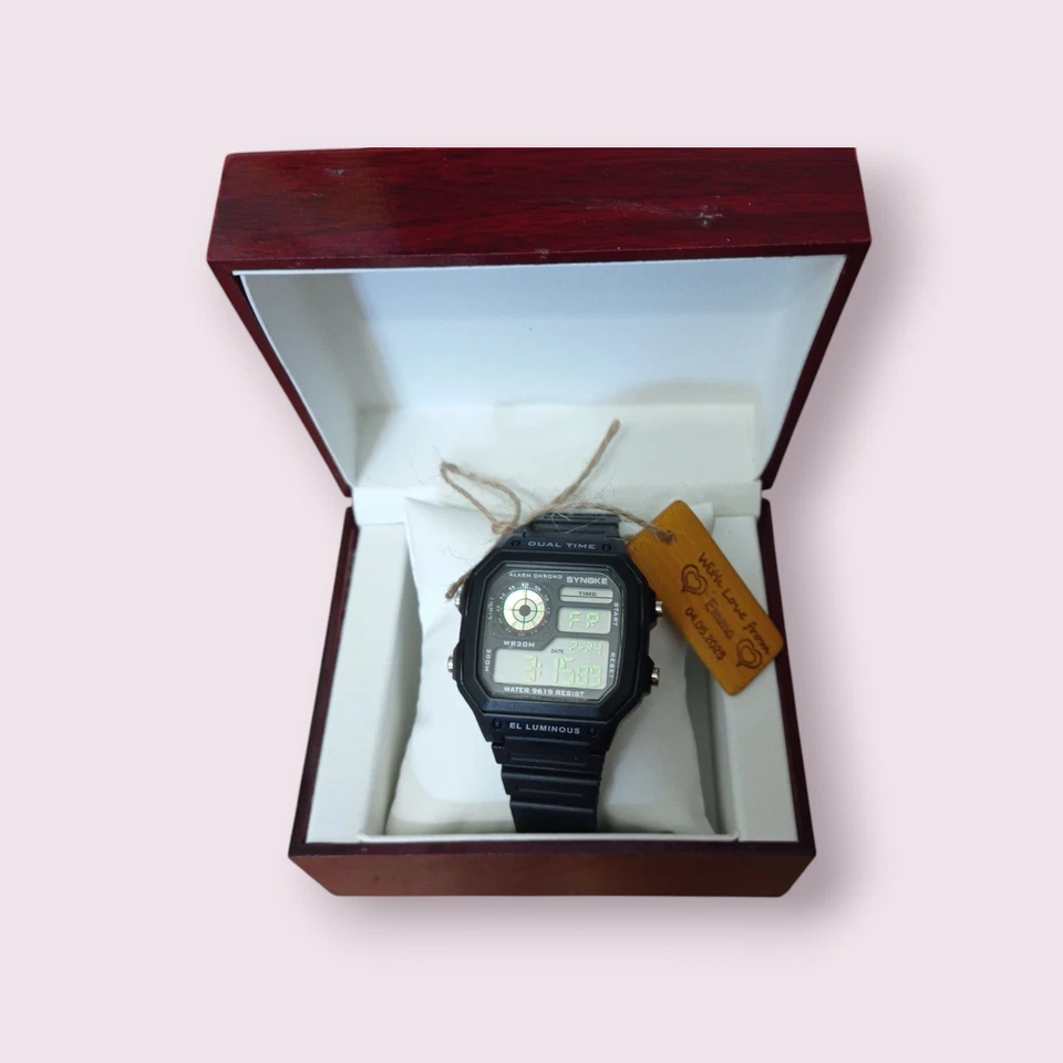 Relógio de pulso masculino digital personalizado conjunto de presente caixa de madeira etiqueta gravada personalizada - Imagem 4 de 4