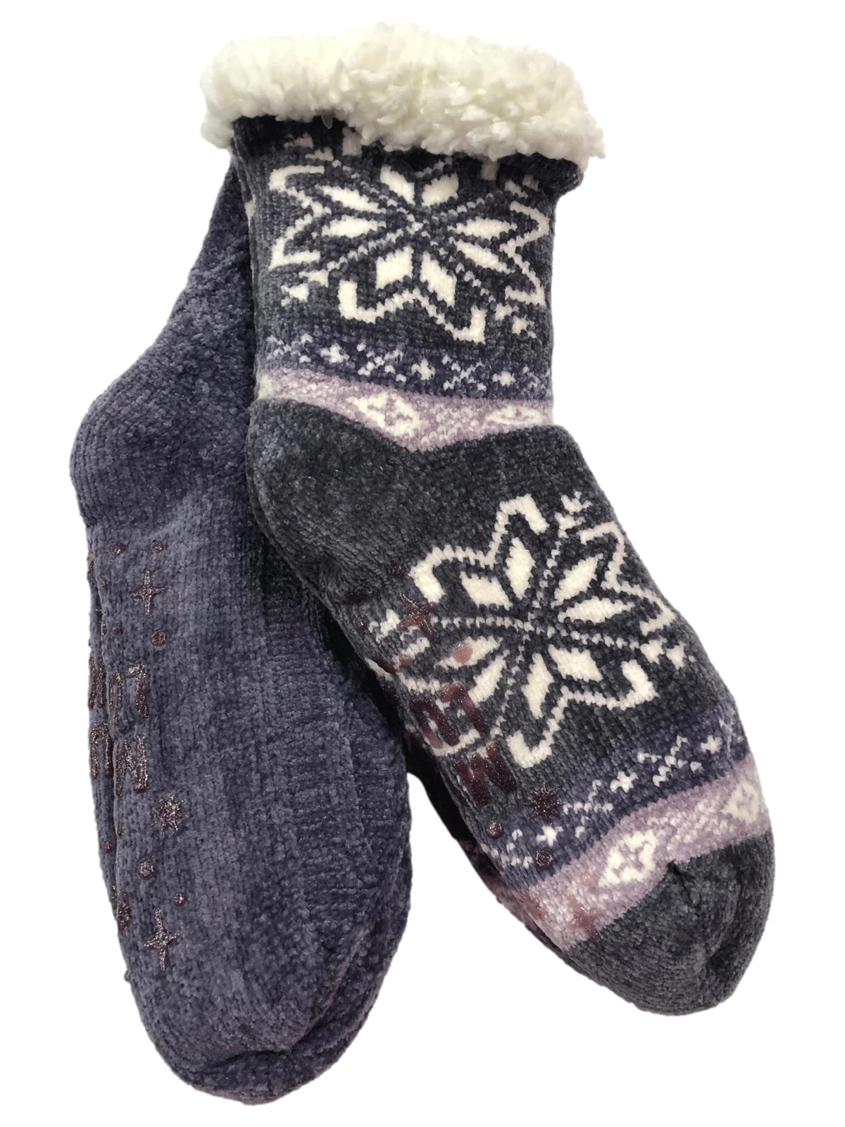 Muk Luks Womens 2 Pair Sherpa Velour Cabin Socks Purple & Gray Slippers L/XL