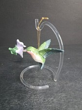 Hummingbird Figurine Hanging From Stand Drinking From Flower 6" Tall