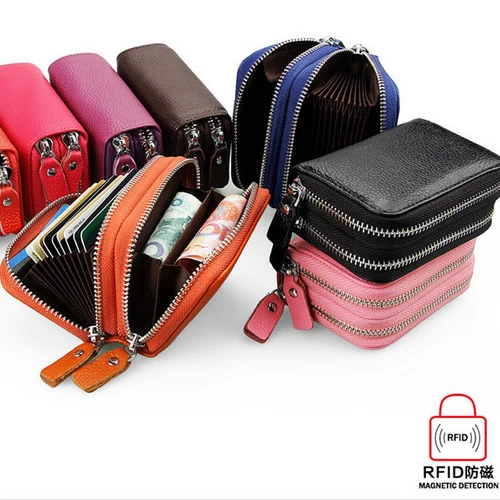 Two zipper Top Genuine Leather RFID Blocking ID Credit Cards Holder Wallet Purse