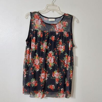 Bobbie Brooks Womens Sz Large Sleeveless Sheer Yoke Lined Top Black Floral